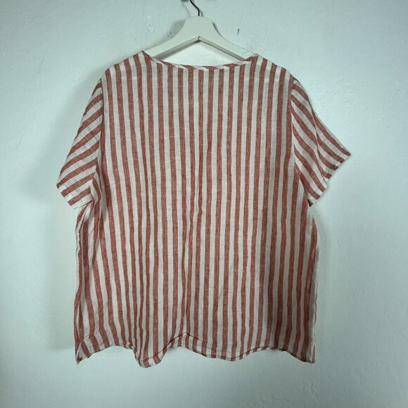 Christian Siriano Womens Red White Striped 100% Linen Top XL Short Sleeve Casual - Picture 2 of 7